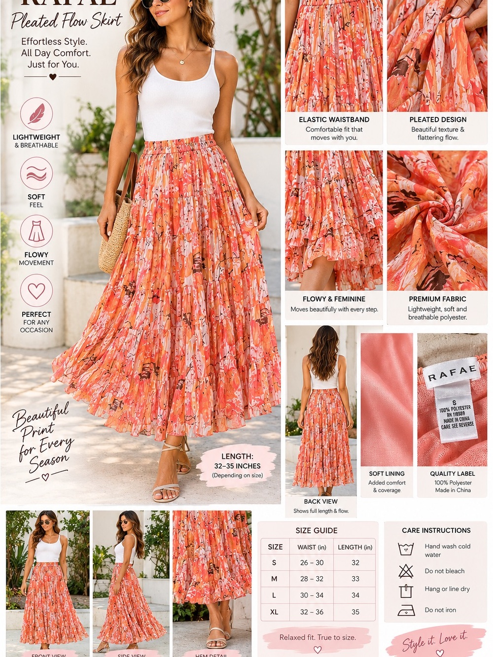 RAFAEL Coral Peach Floral Pleated Maxi Skirt